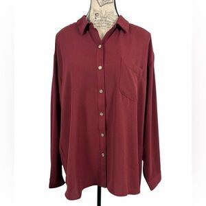 J. Jill Burgundy Button Down Casual Button-Down Blouse Front Pocket Size LP